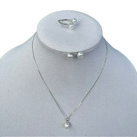 925 Sterling Silver Cultured White Freshwater Pearl Necklace Ring Earring Set - Picture 1 of 10